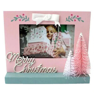 New Pink Wood Merry Christmas 4" X 6" Photo Frame Room Decor Holiday W/ Trees